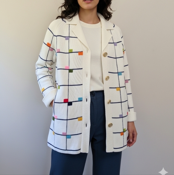 Vintage Sweaters - Vintage Colorful Geometric Cardigan‎ Sweater Maximalist Grid Retro